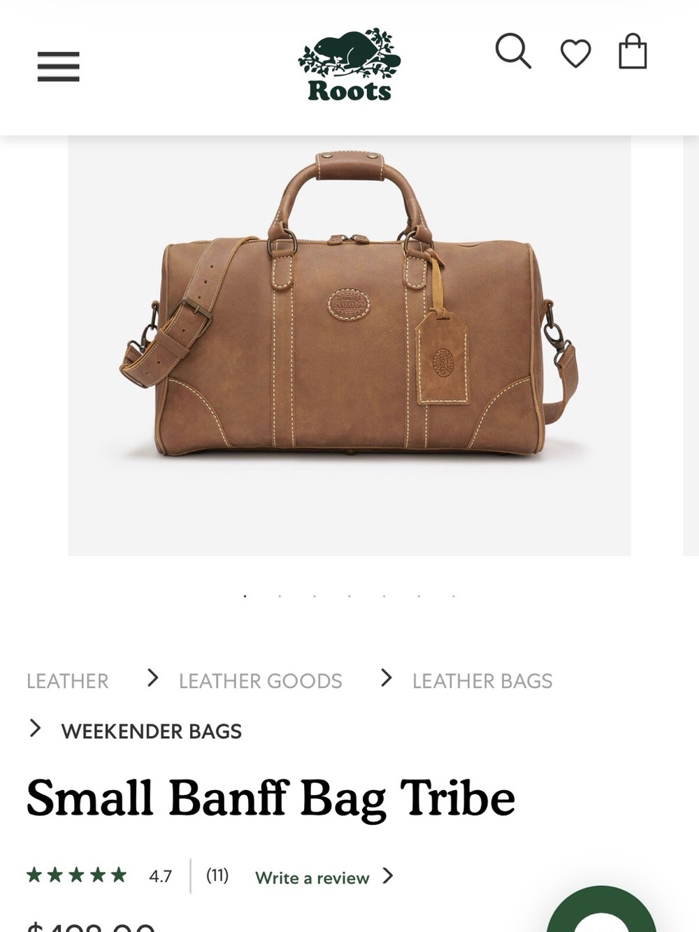 Roots Small Banff Bag - Chestnut Brown Leather - weekender bag, luxe, old $